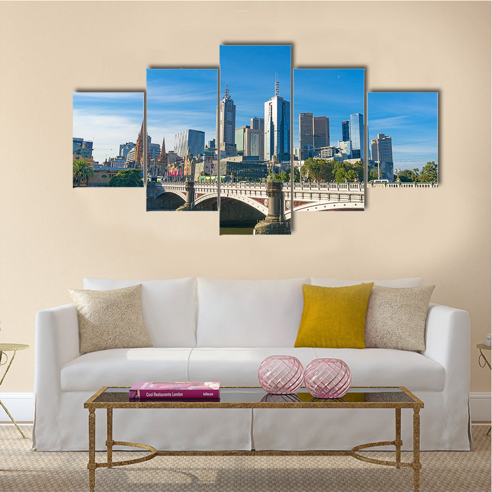 CBD Cityscape With The Price Bridge Over The Yerra River, Melbourne, Multi Panel Canvas Wall Art