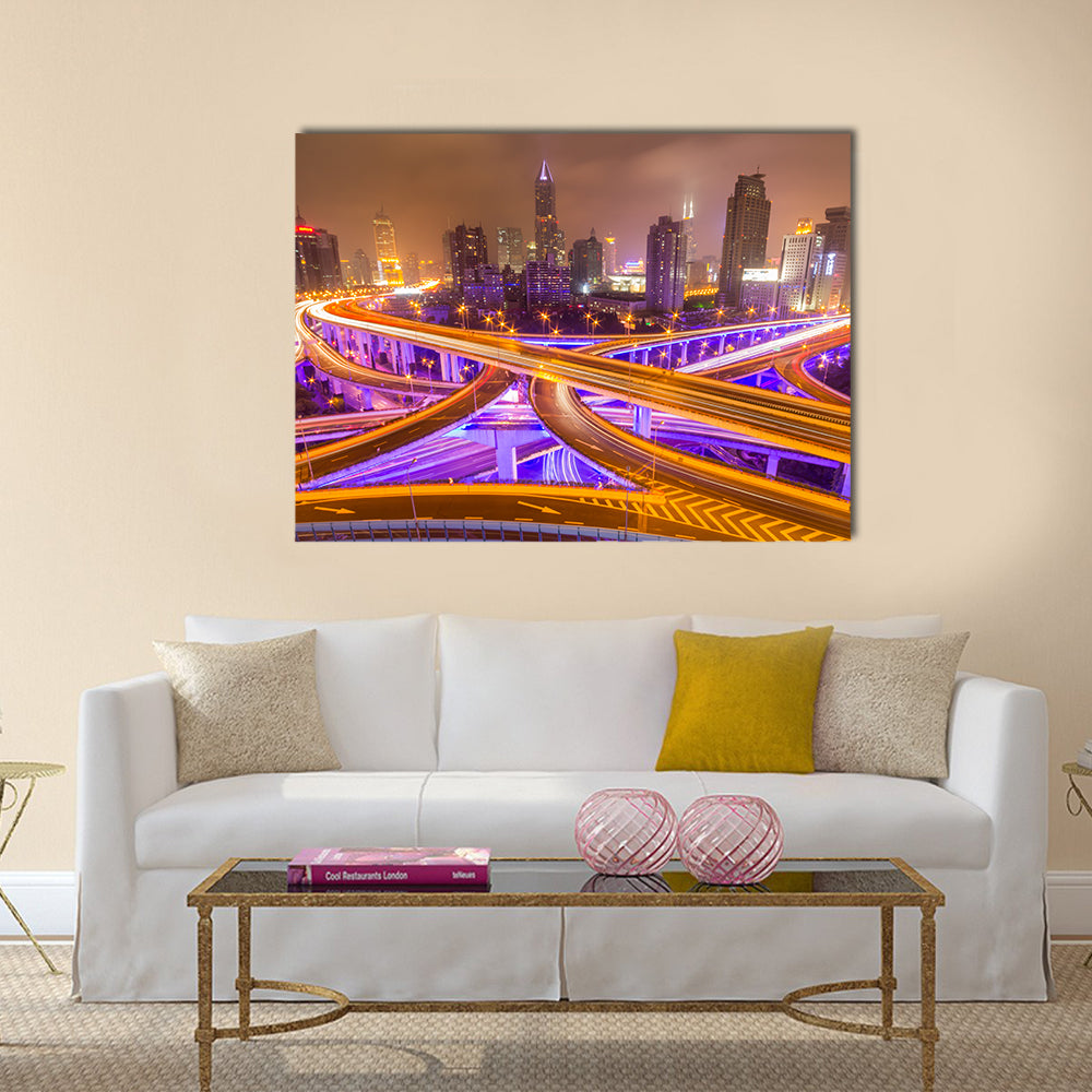 shanghai elevated road junction and interchange overpass at night multi panel canvas wall art