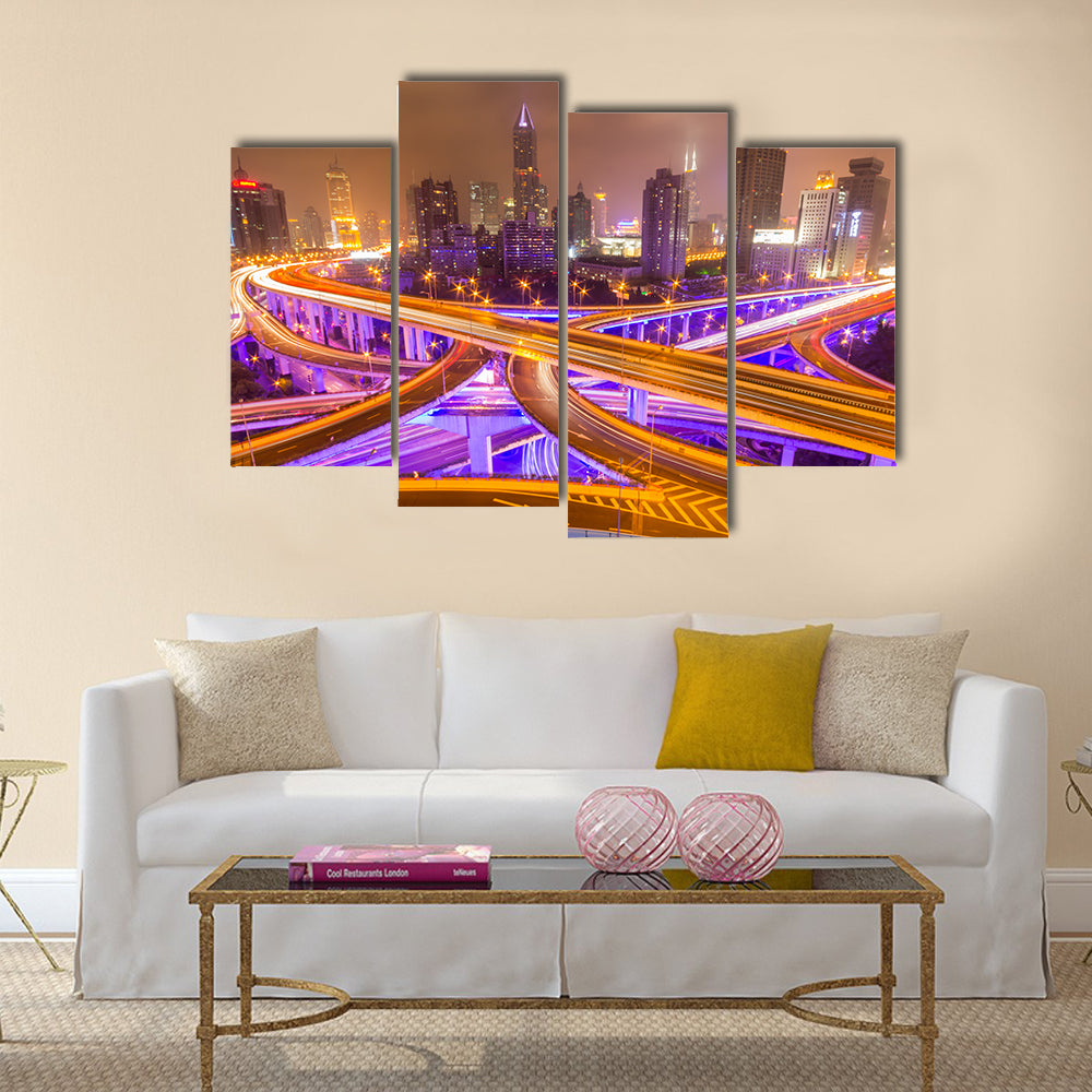 shanghai elevated road junction and interchange overpass at night multi panel canvas wall art