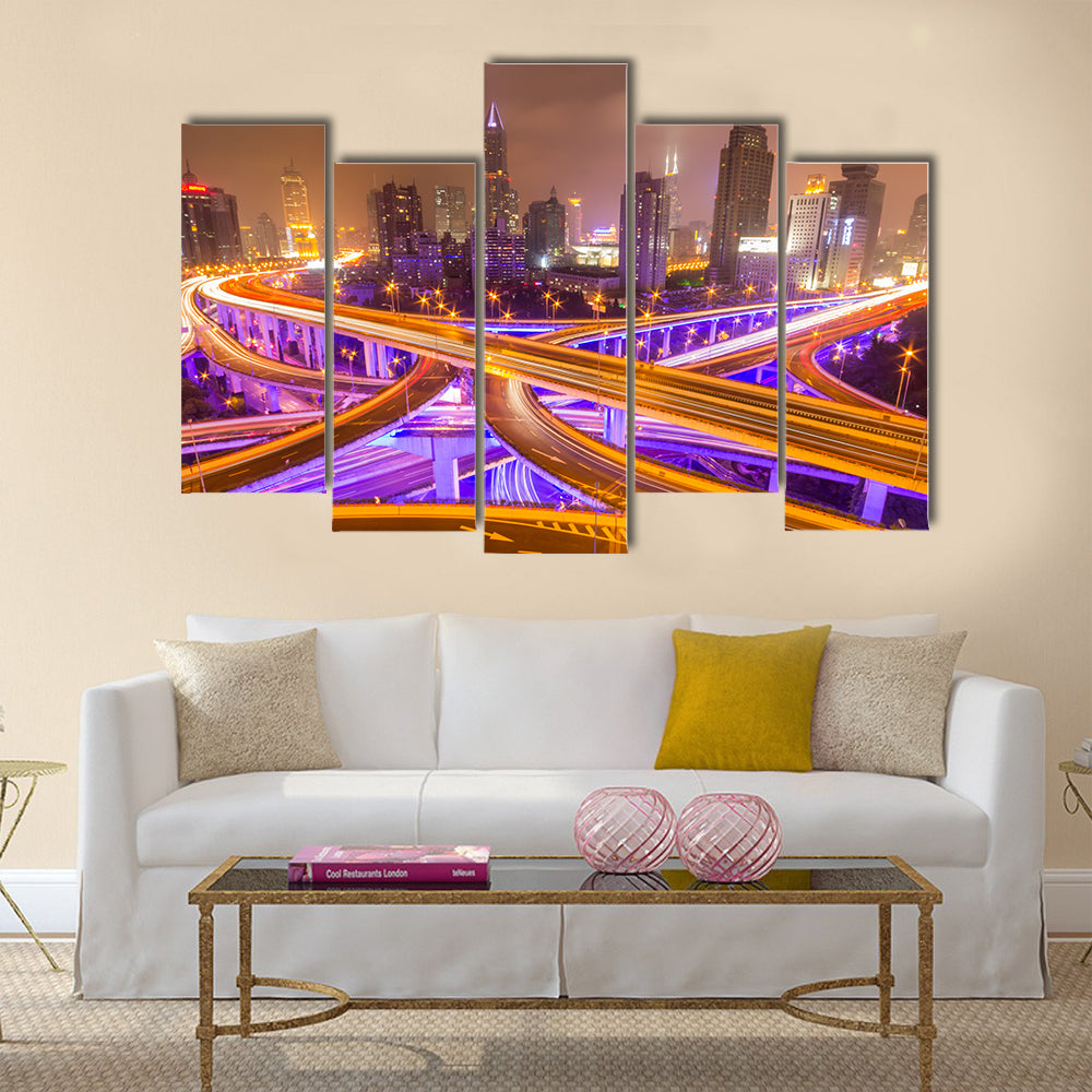 shanghai elevated road junction and interchange overpass at night multi panel canvas wall art