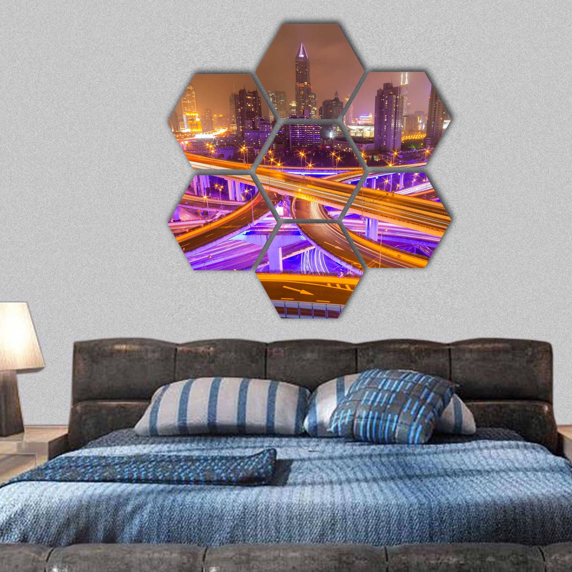 shanghai elevated road junction and interchange overpass hexagonal canvas wall art