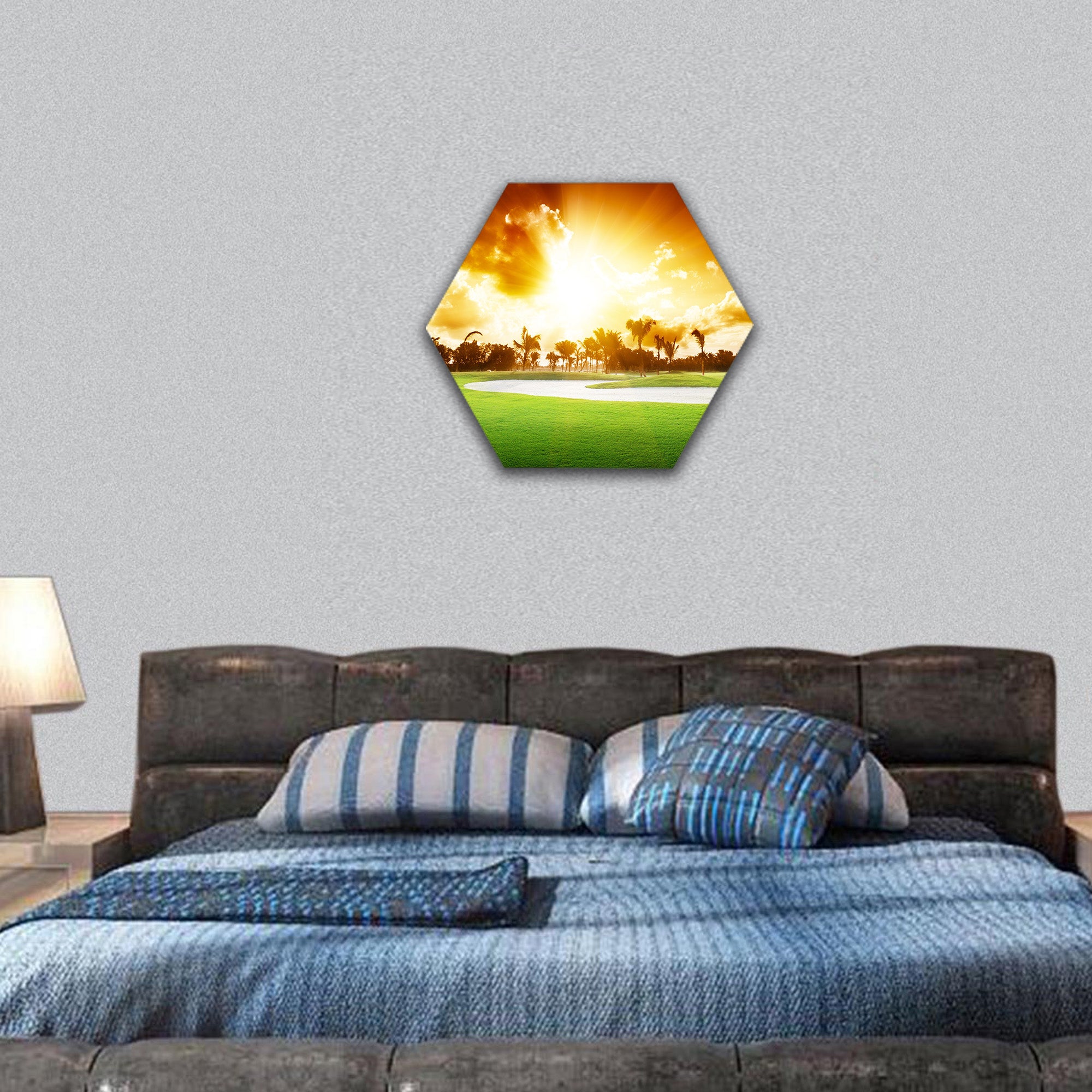 Sunset on golf field hexagonal canvas wall art
