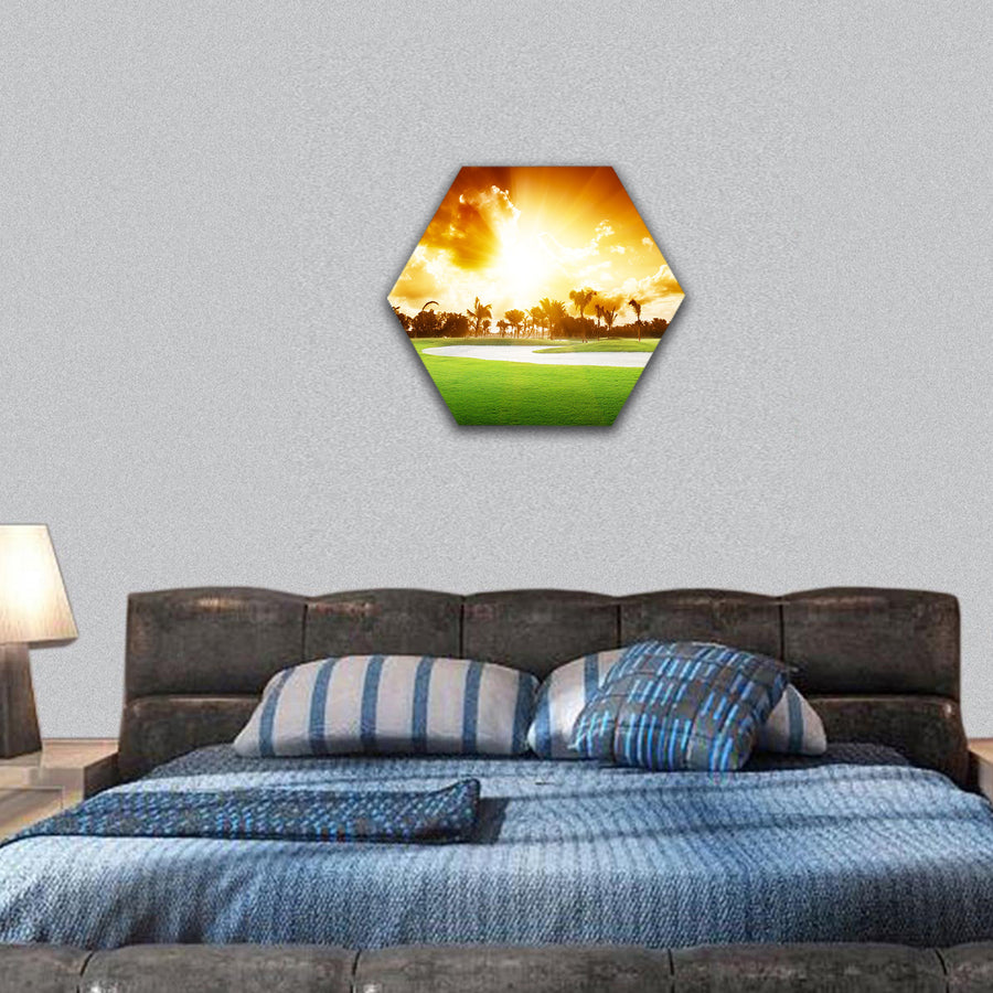 Sunset on golf field hexagonal canvas wall art