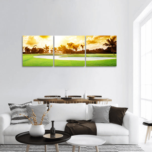 Sunset on golf field panoramic canvas wall art
