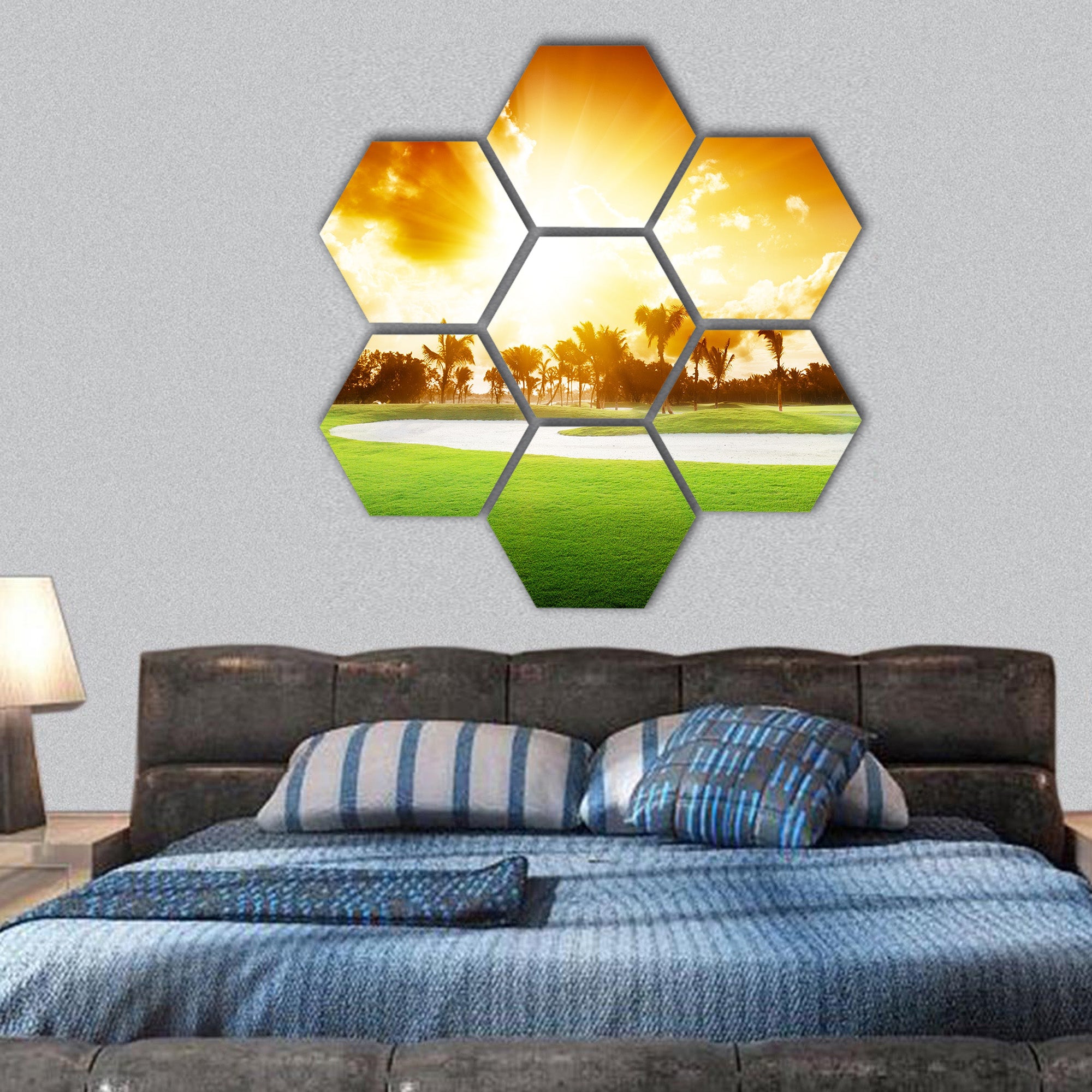 Sunset on golf field hexagonal canvas wall art
