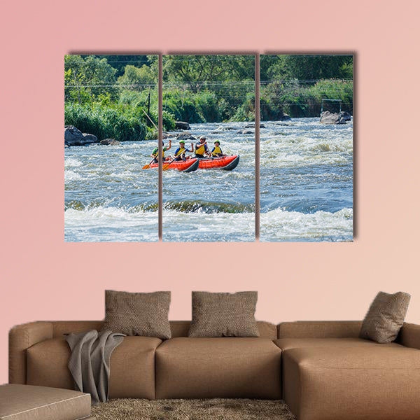 Happy family of four on the catamaran Multi panel canvas wall art