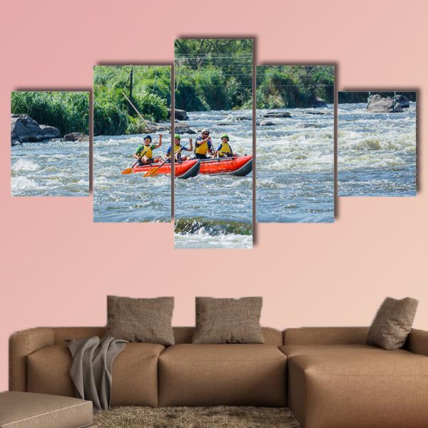 Happy family of four on the catamaran Multi panel canvas wall art
