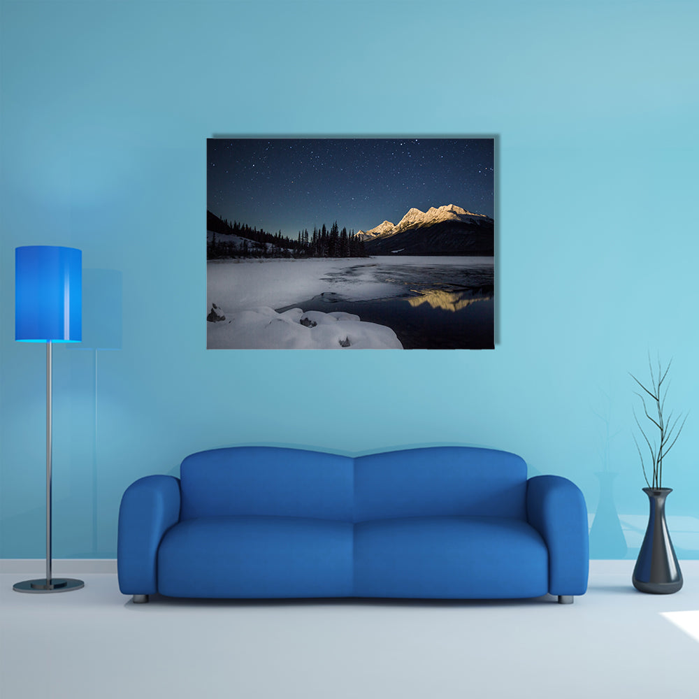 Mountains Covered By The High Snow In The Full Moonlight In The Banff National Park, Canada, Multi Panel Canvas Wall Art