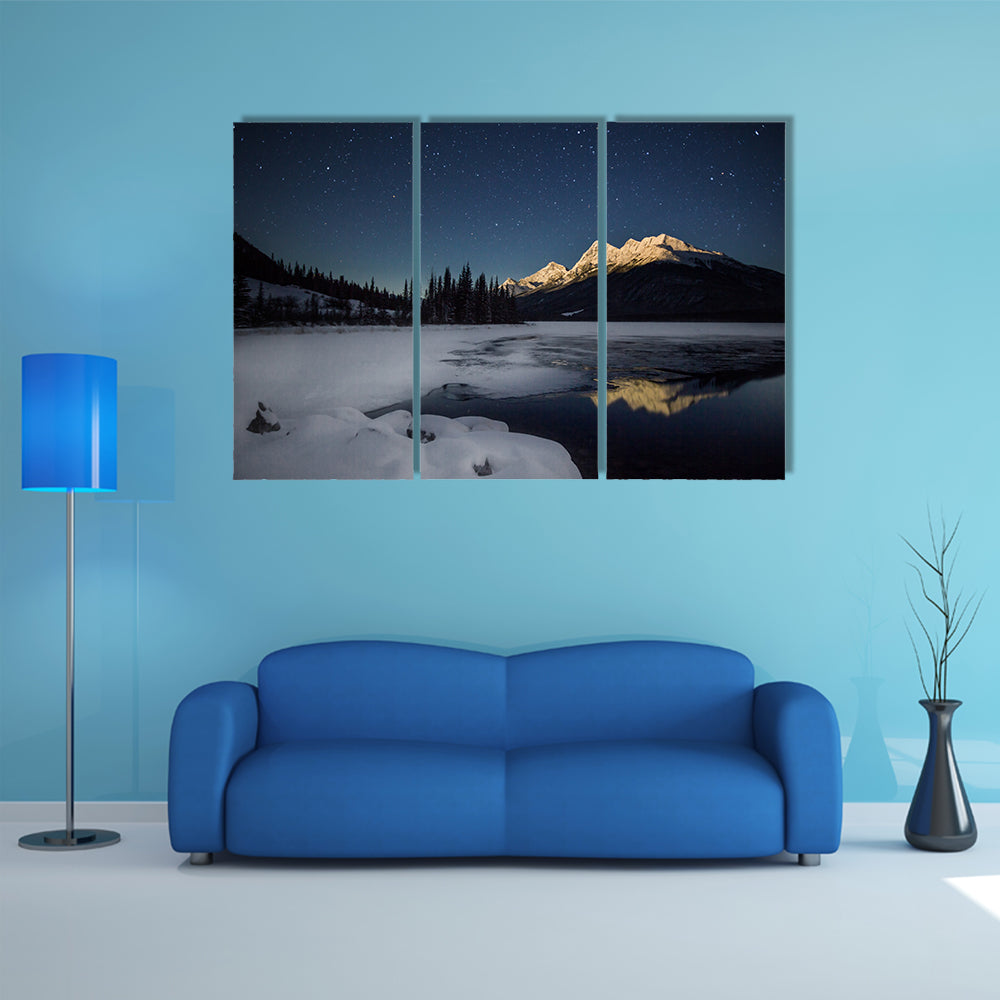 Mountains Covered By The High Snow In The Full Moonlight In The Banff National Park, Canada, Multi Panel Canvas Wall Art