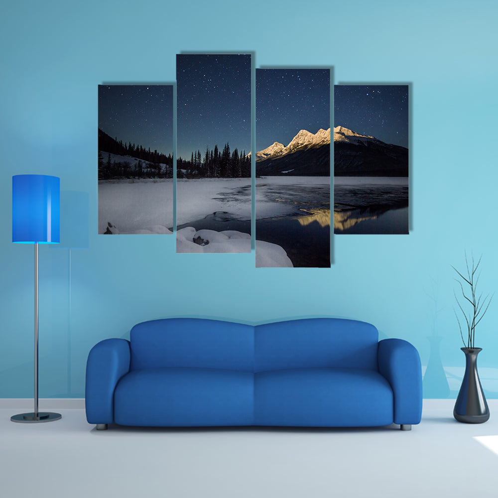 Mountains Covered By The High Snow In The Full Moonlight In The Banff National Park, Canada, Multi Panel Canvas Wall Art