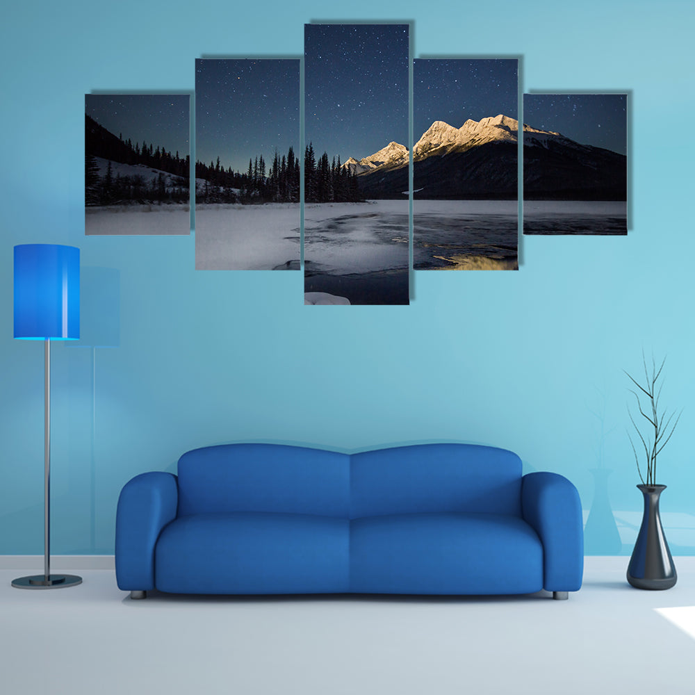 Mountains Covered By The High Snow In The Full Moonlight In The Banff National Park, Canada, Multi Panel Canvas Wall Art