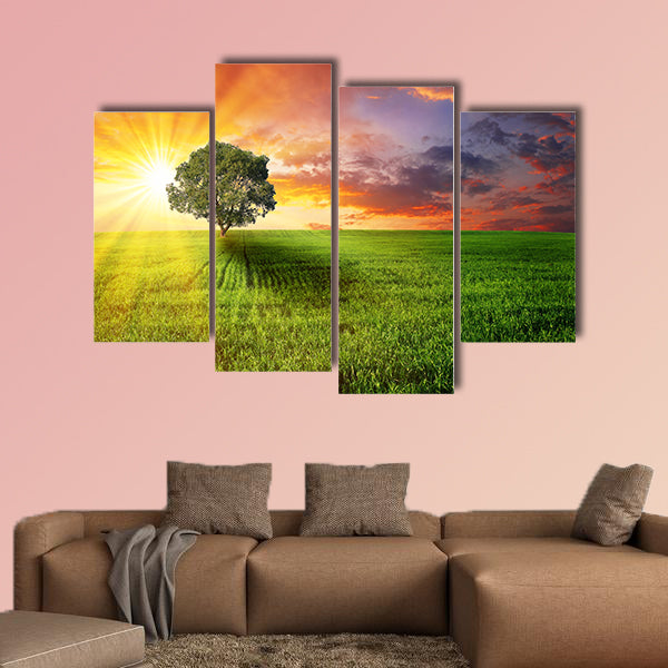 Alone tree on the green meadow at sunset multi panel canvas wall art