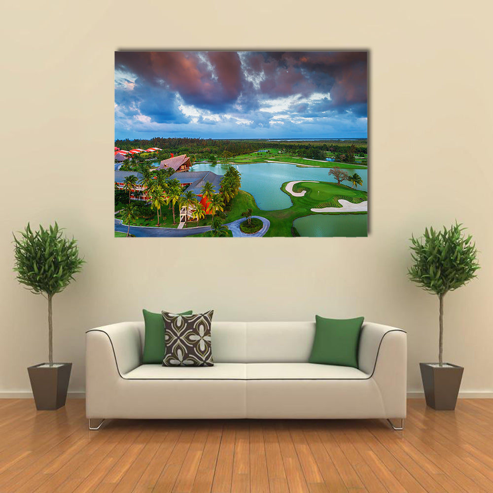 Tropical Golf Course At The Sunset, Maldives, Punta Cana, Multi Panel Canvas Wall Art
