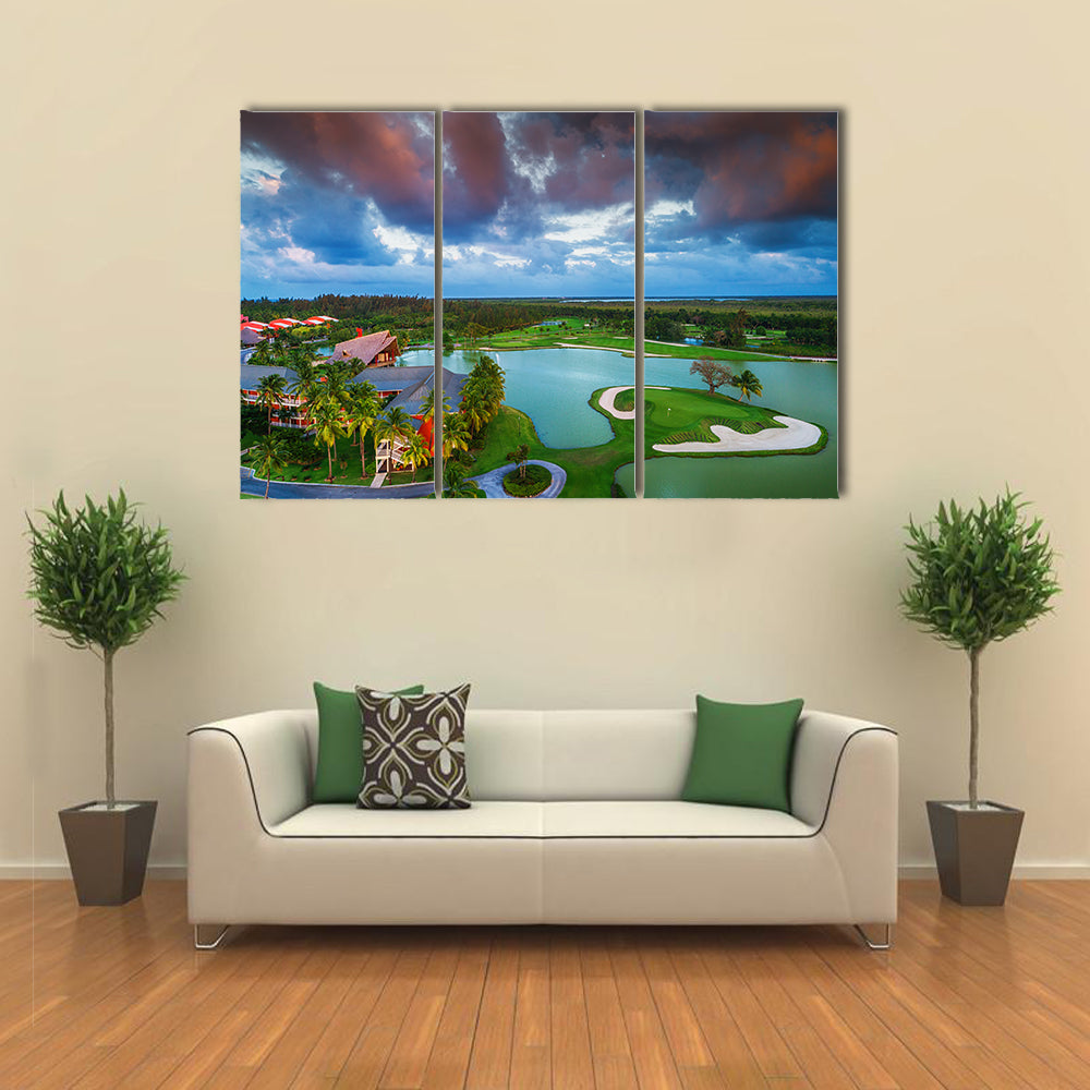Tropical Golf Course At The Sunset, Maldives, Punta Cana, Multi Panel Canvas Wall Art