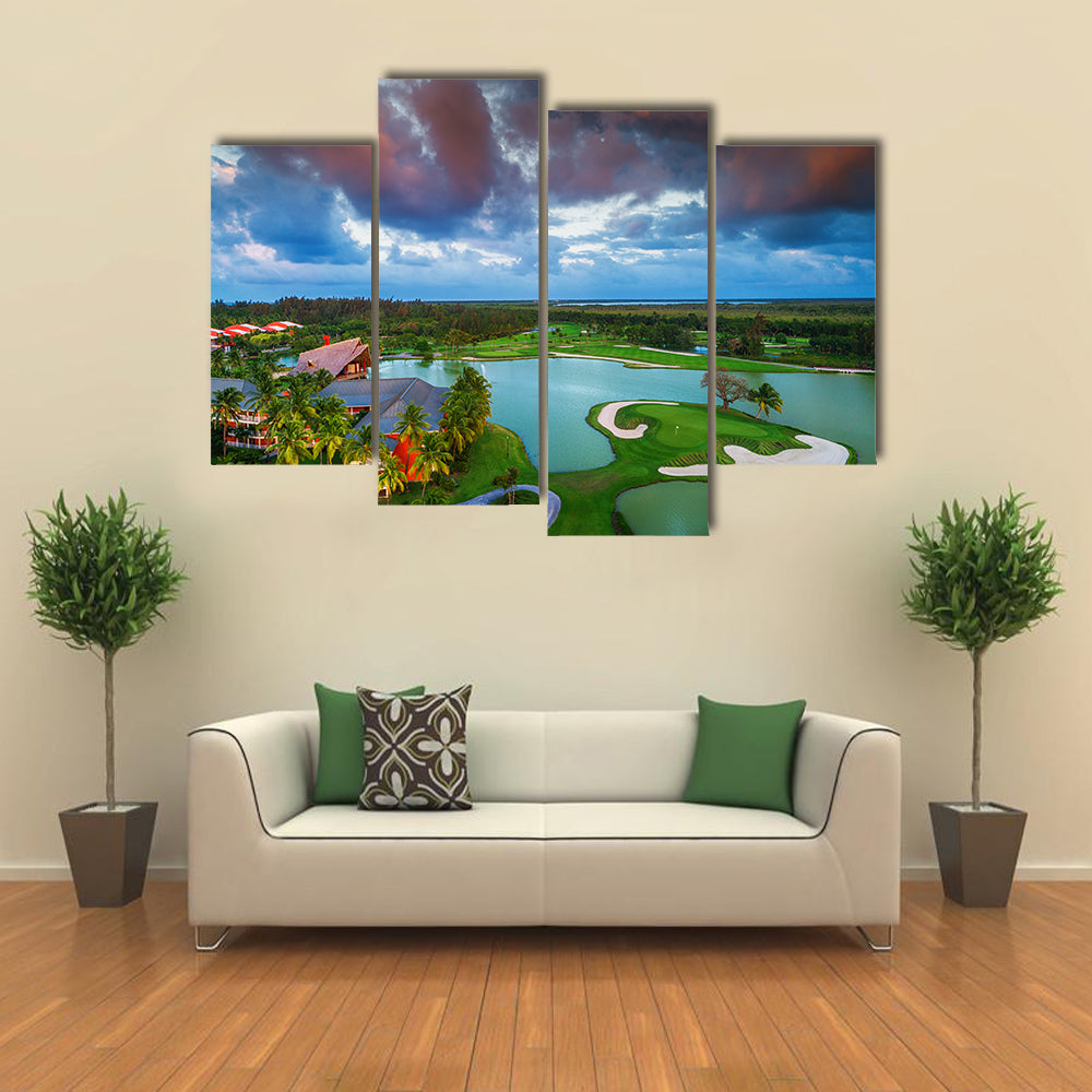 Tropical Golf Course At The Sunset, Maldives, Punta Cana, Multi Panel Canvas Wall Art