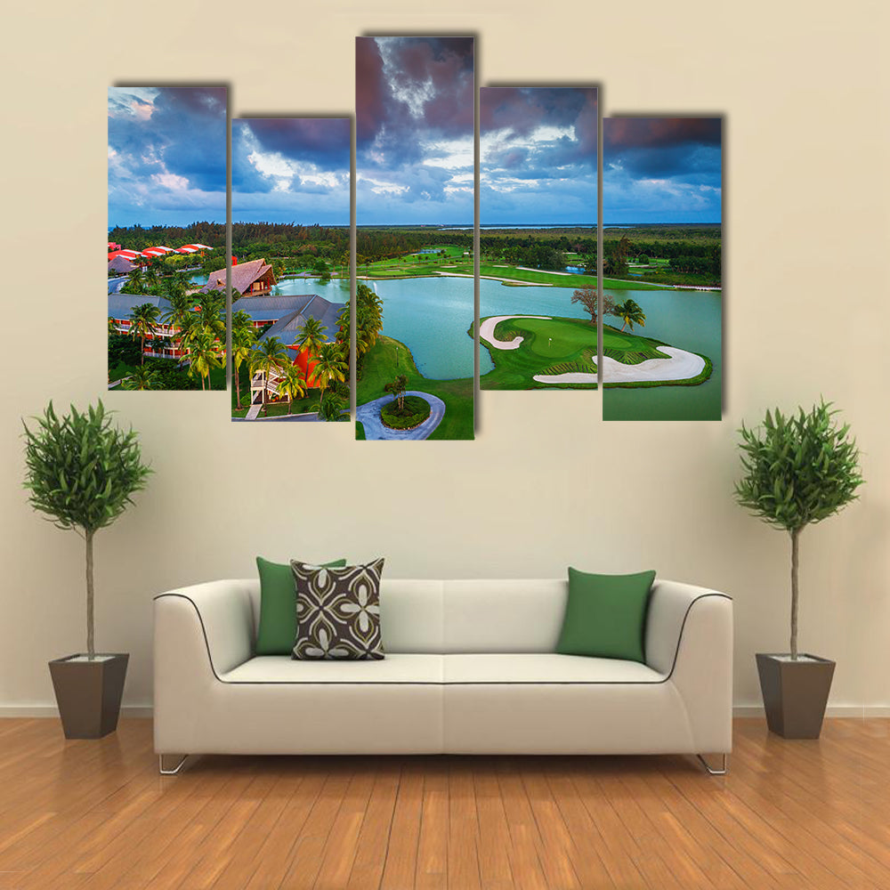 Tropical Golf Course At The Sunset, Maldives, Punta Cana, Multi Panel Canvas Wall Art