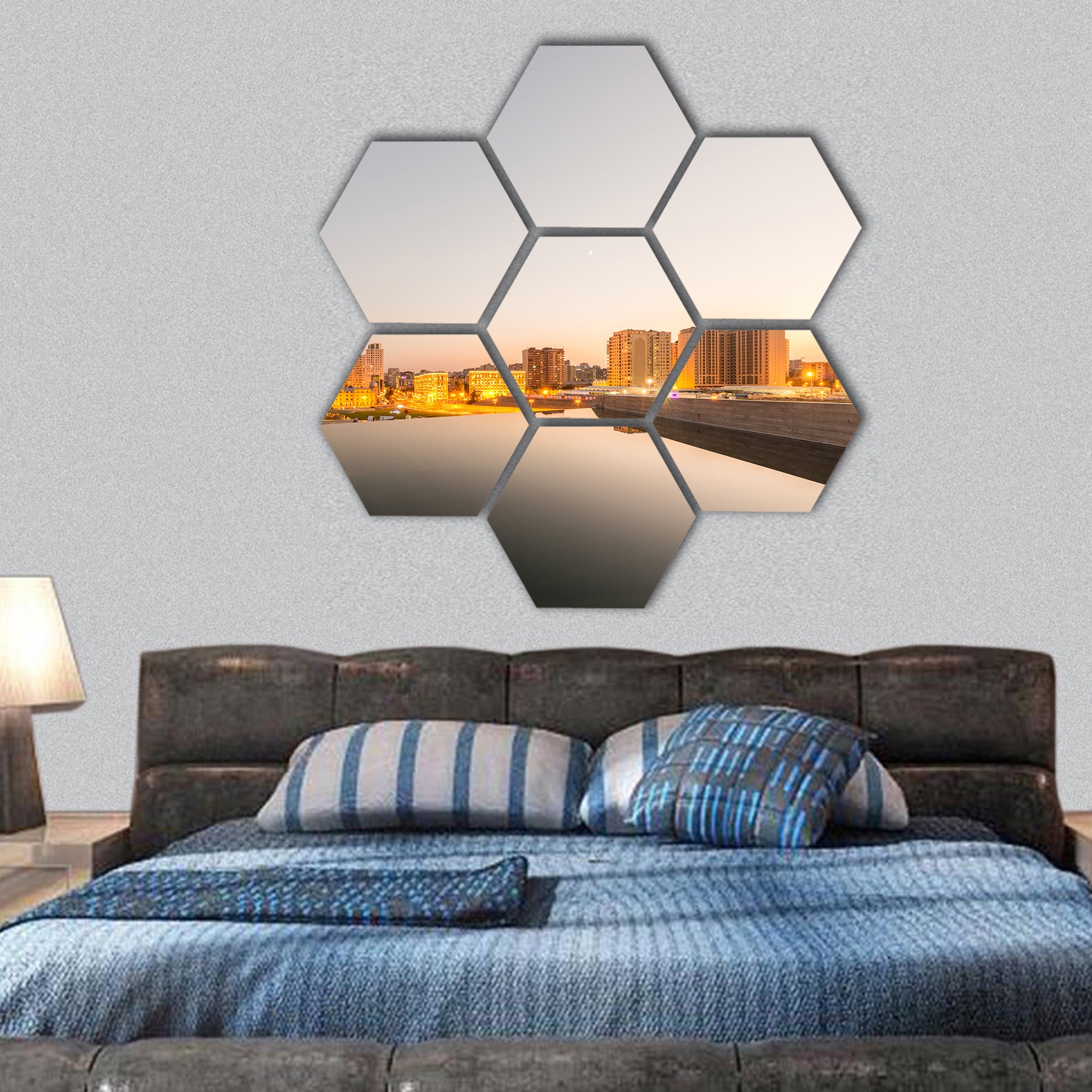 Night view of Baku Azerbaijan during sunset hexagonal canvas wall art