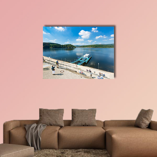 Tourists at the Rursee harbor Schwammenauel in the Eifel, wall art