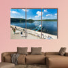 Tourists at the Rursee harbor Schwammenauel in the Eifel, wall art