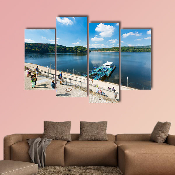 Tourists at the Rursee harbor Schwammenauel in the Eifel, wall art