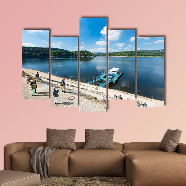 Tourists at the Rursee harbor Schwammenauel in the Eifel, wall art