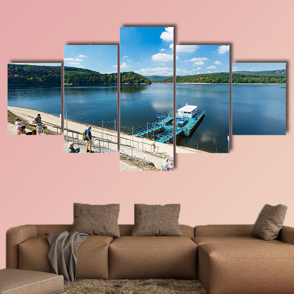 Tourists at the Rursee harbor Schwammenauel in the Eifel, wall art