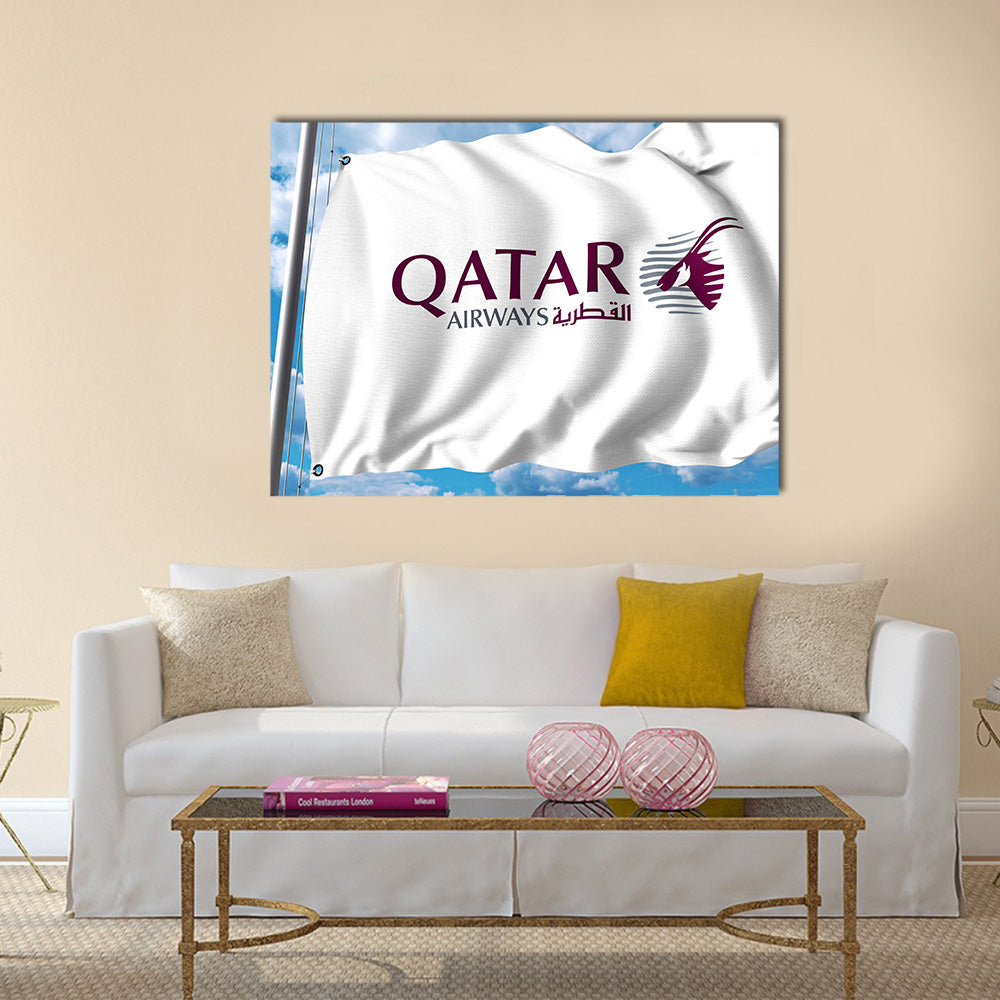Waving flag with Qatar Airways logo 3D rendering Multi panel canvas wall art
