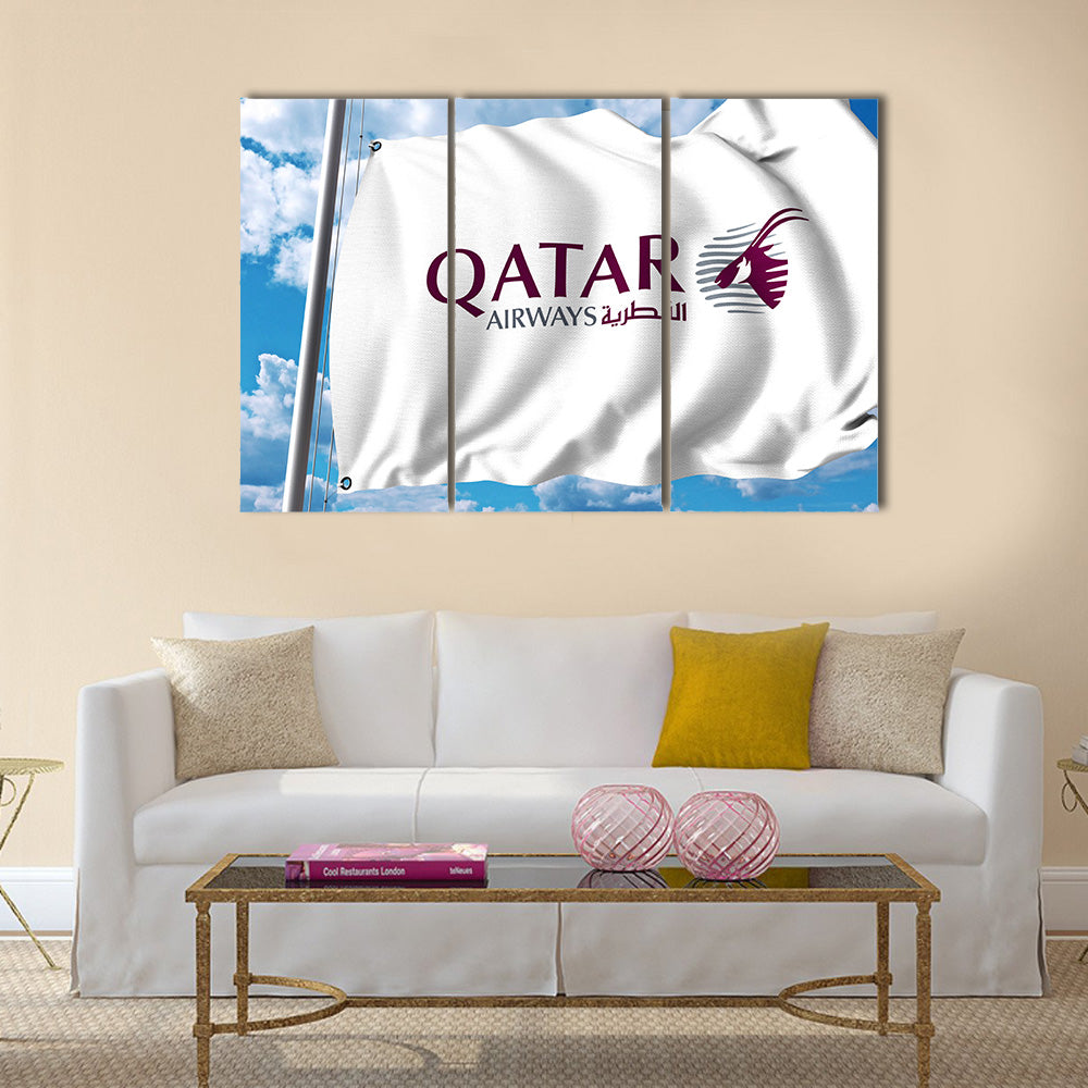 Waving flag with Qatar Airways logo 3D rendering Multi panel canvas wall art