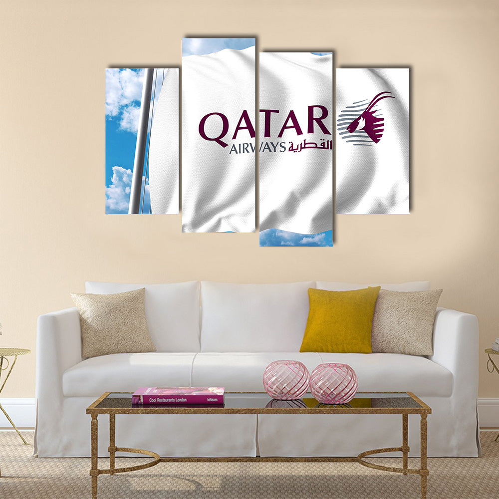 Waving flag with Qatar Airways logo 3D rendering Multi panel canvas wall art