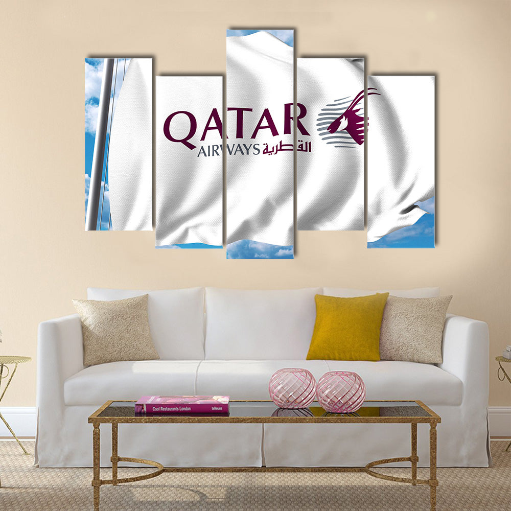 Waving flag with Qatar Airways logo 3D rendering Multi panel canvas wall art
