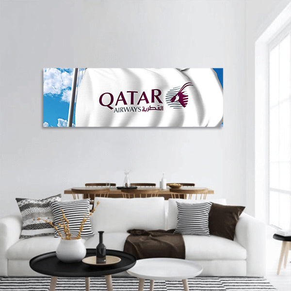 Waving flag with Qatar Airways logo Panoramic canvas Wall Art