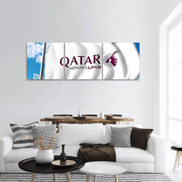 Waving flag with Qatar Airways logo Panoramic canvas Wall Art