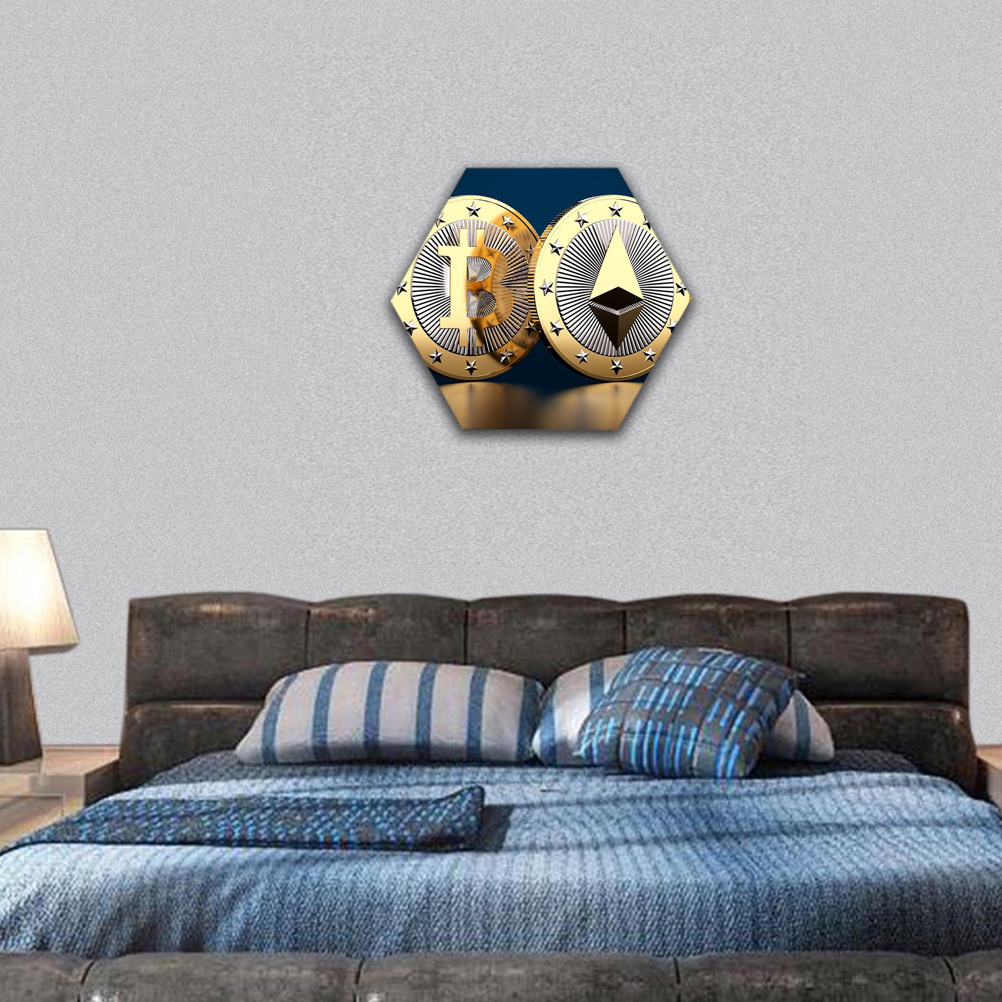 Bitcoin and Ethereum coins hexagonal canvas wall art