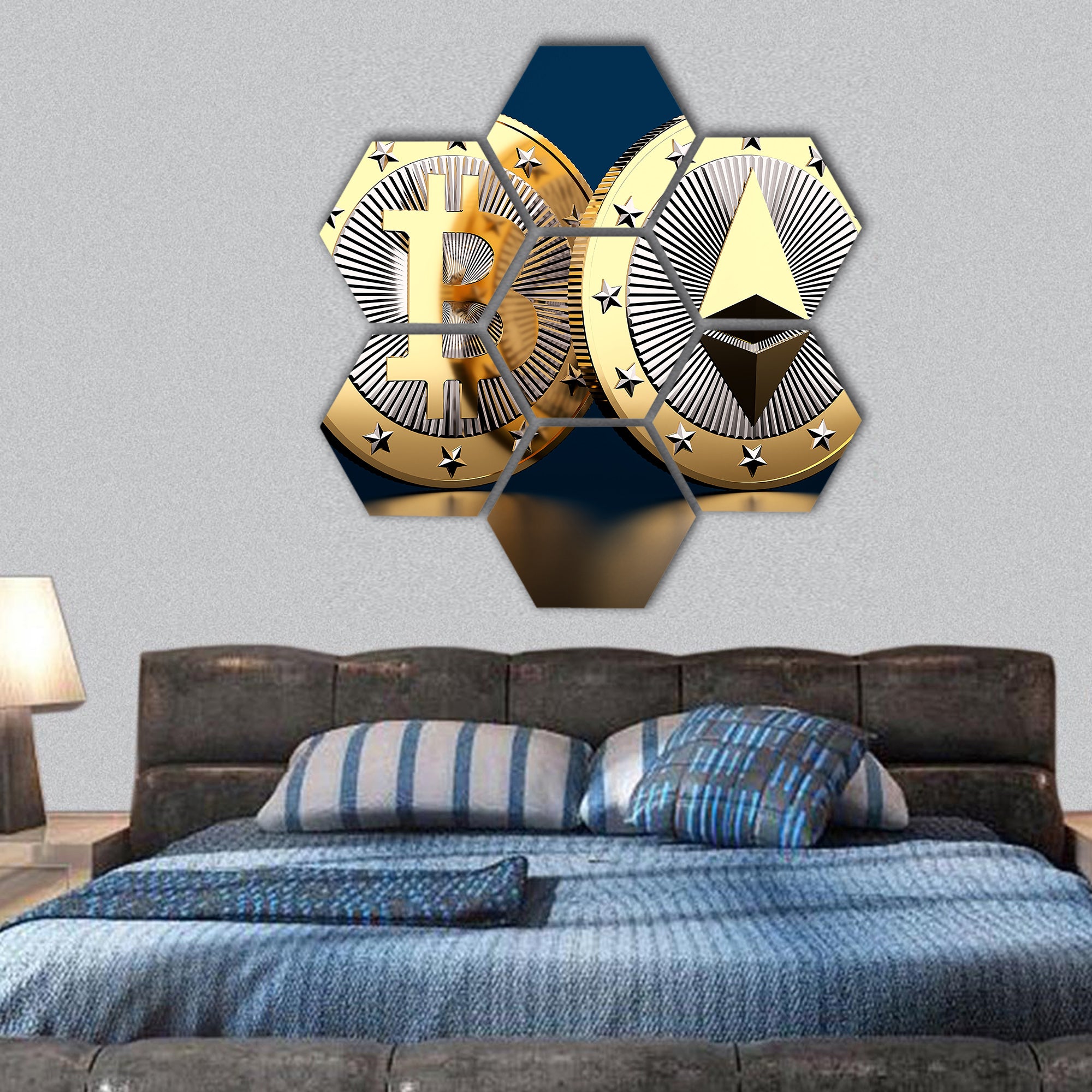 Bitcoin and Ethereum coins hexagonal canvas wall art