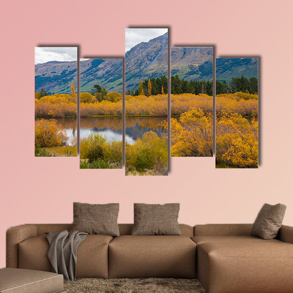 Colorful autumn leaves at Glenorchy Lake, South island of New Zealand multi panel canvas wall art