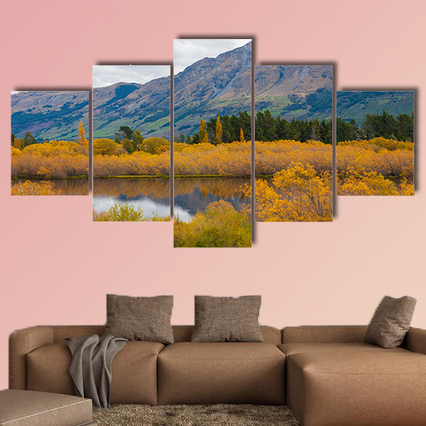 Colorful autumn leaves at Glenorchy Lake, South island of New Zealand multi panel canvas wall art