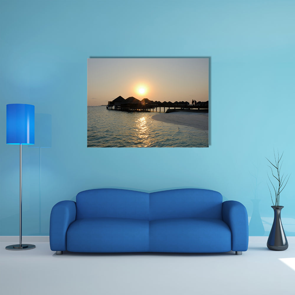 A Couple Enjoys At The Idyllic Sunset Stroll Along The Silhouetted Boardwalk Multi Panel Canvas Wall Art
