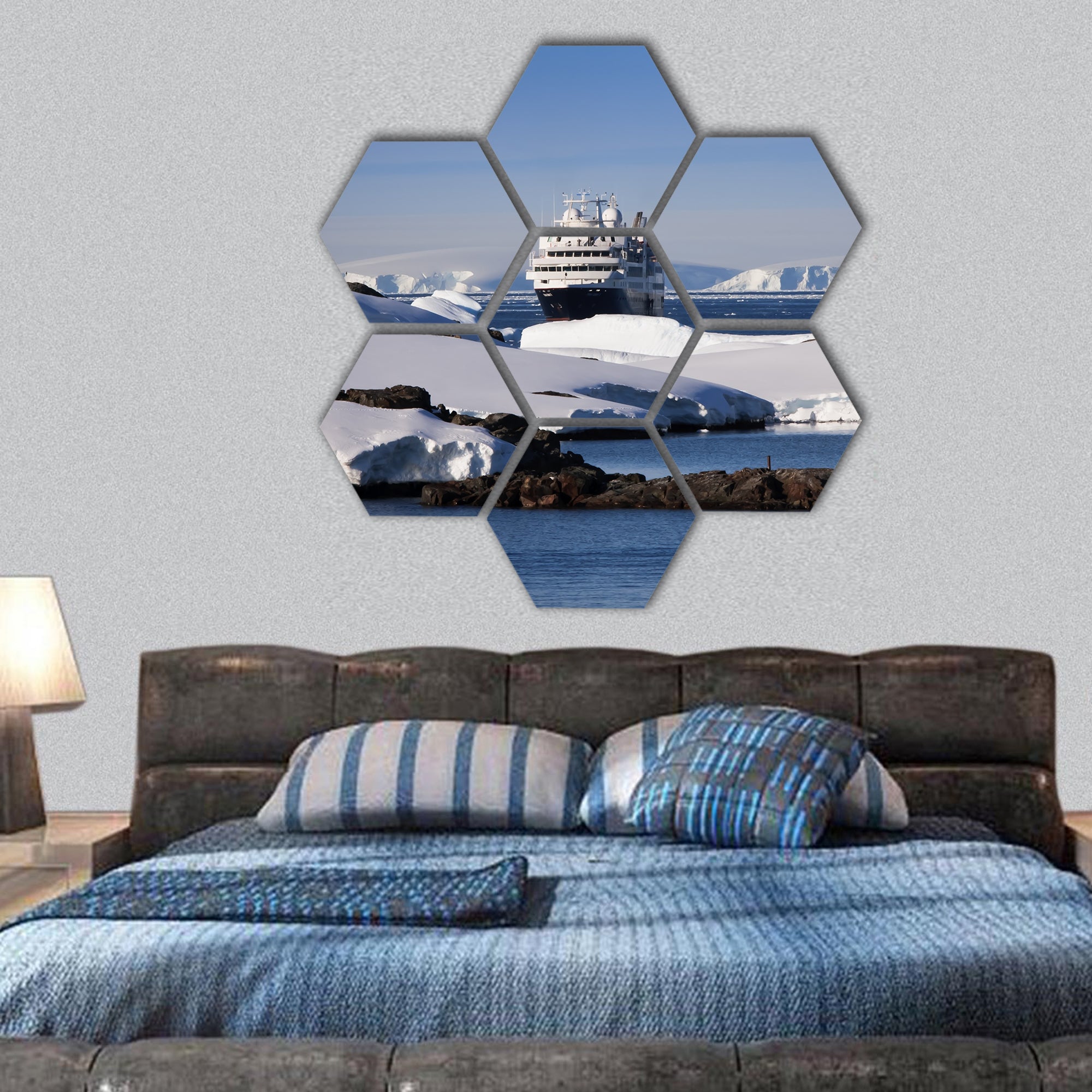 Big cruise ship in Antarctic waters hexagonal canvas wall art