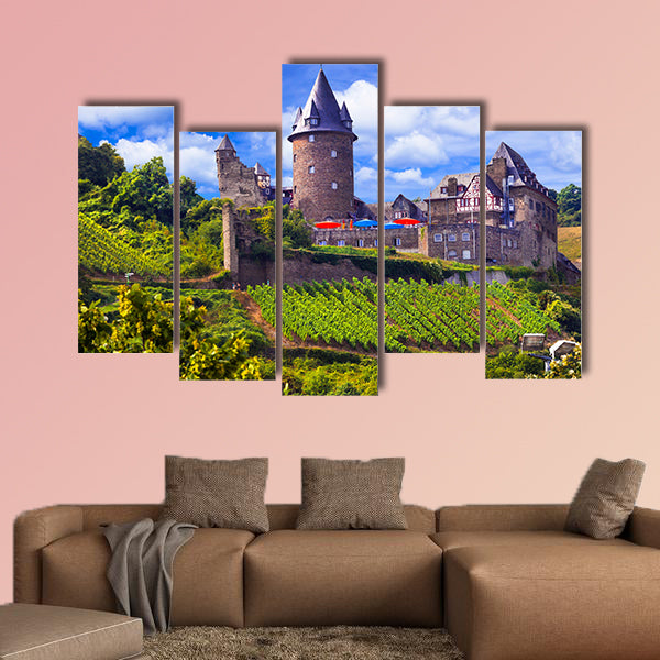 Panoramic view of old castle and vineyards, Germany multi panel canvas wall art