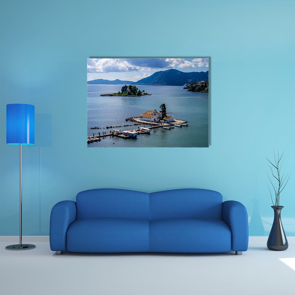 Vlacherna monastery and Pontikonisi island of Corfu Greece Multi Panel Canvas Wall Art