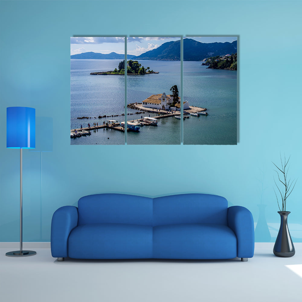 Vlacherna monastery and Pontikonisi island of Corfu Greece Multi Panel Canvas Wall Art