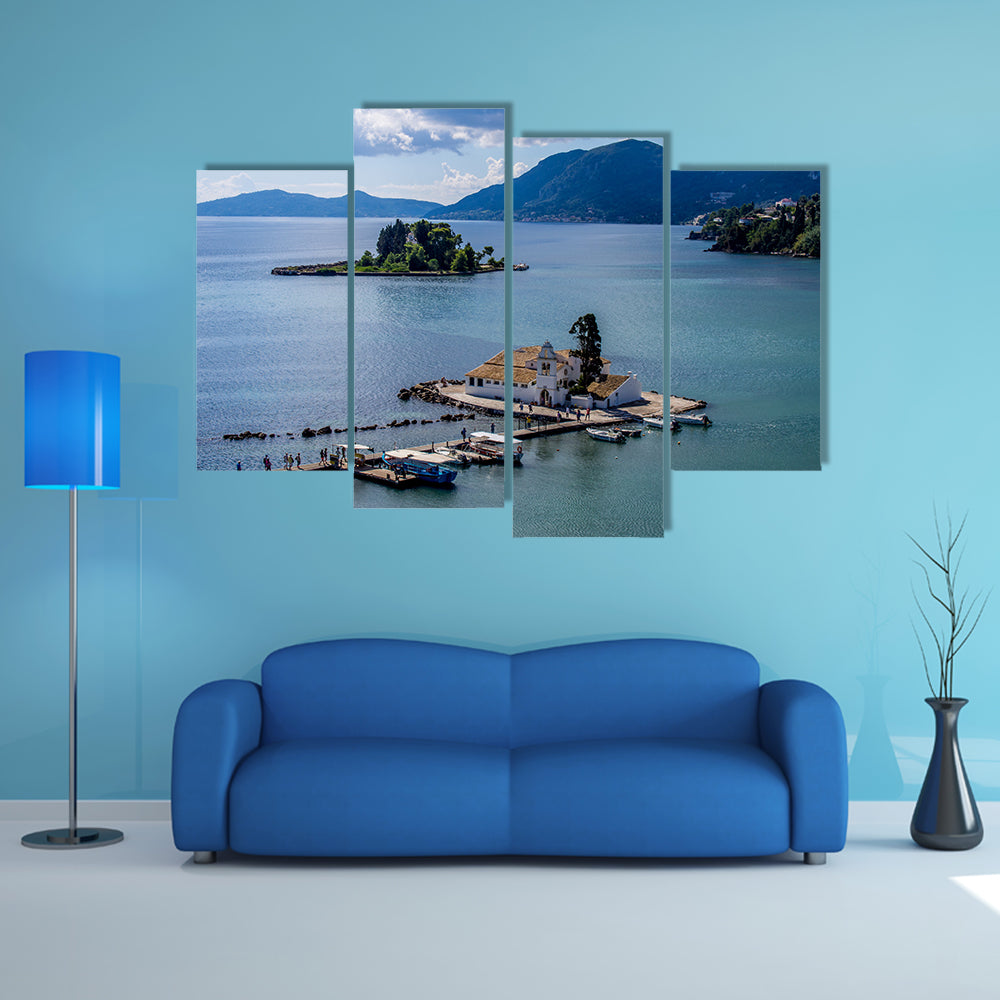 Vlacherna monastery and Pontikonisi island of Corfu Greece Multi Panel Canvas Wall Art