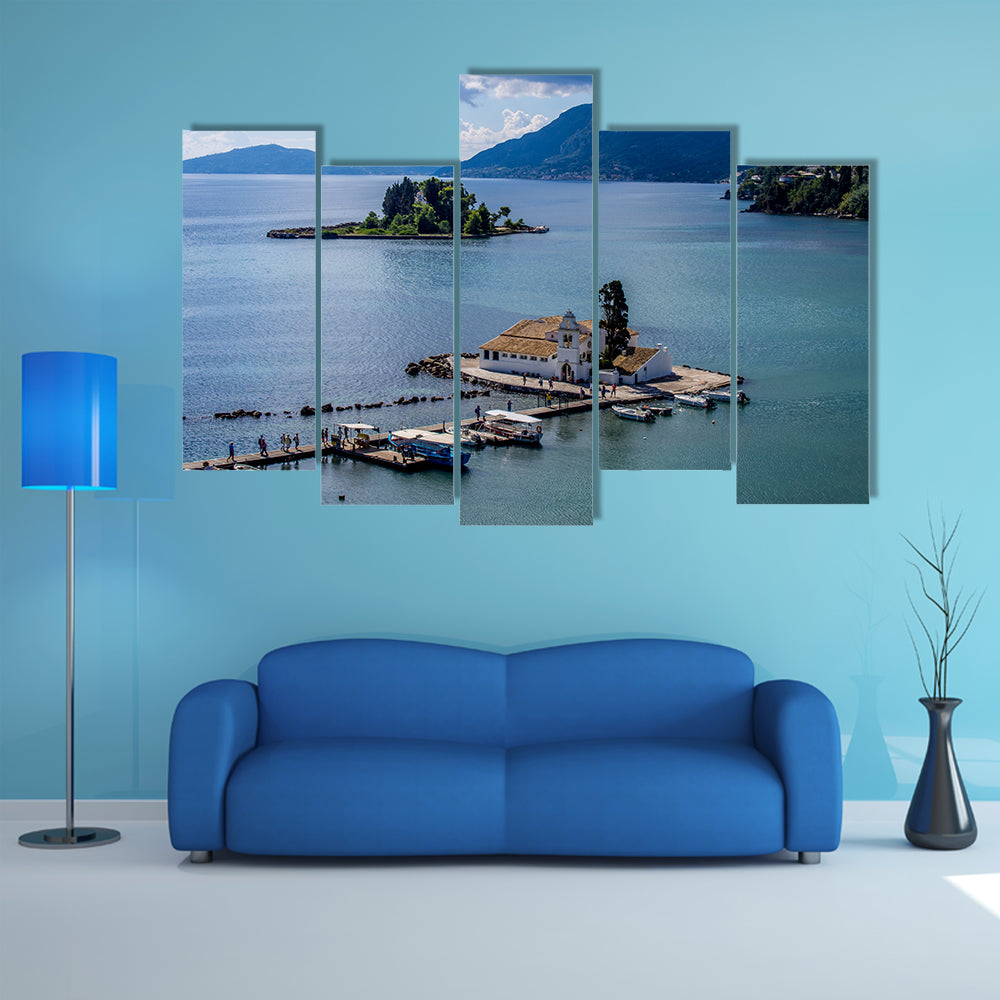 Vlacherna monastery and Pontikonisi island of Corfu Greece Multi Panel Canvas Wall Art