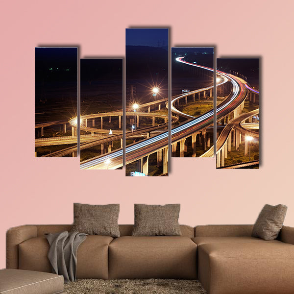 Highway in night with cars light in modern city in Taiwan, Asia wall art