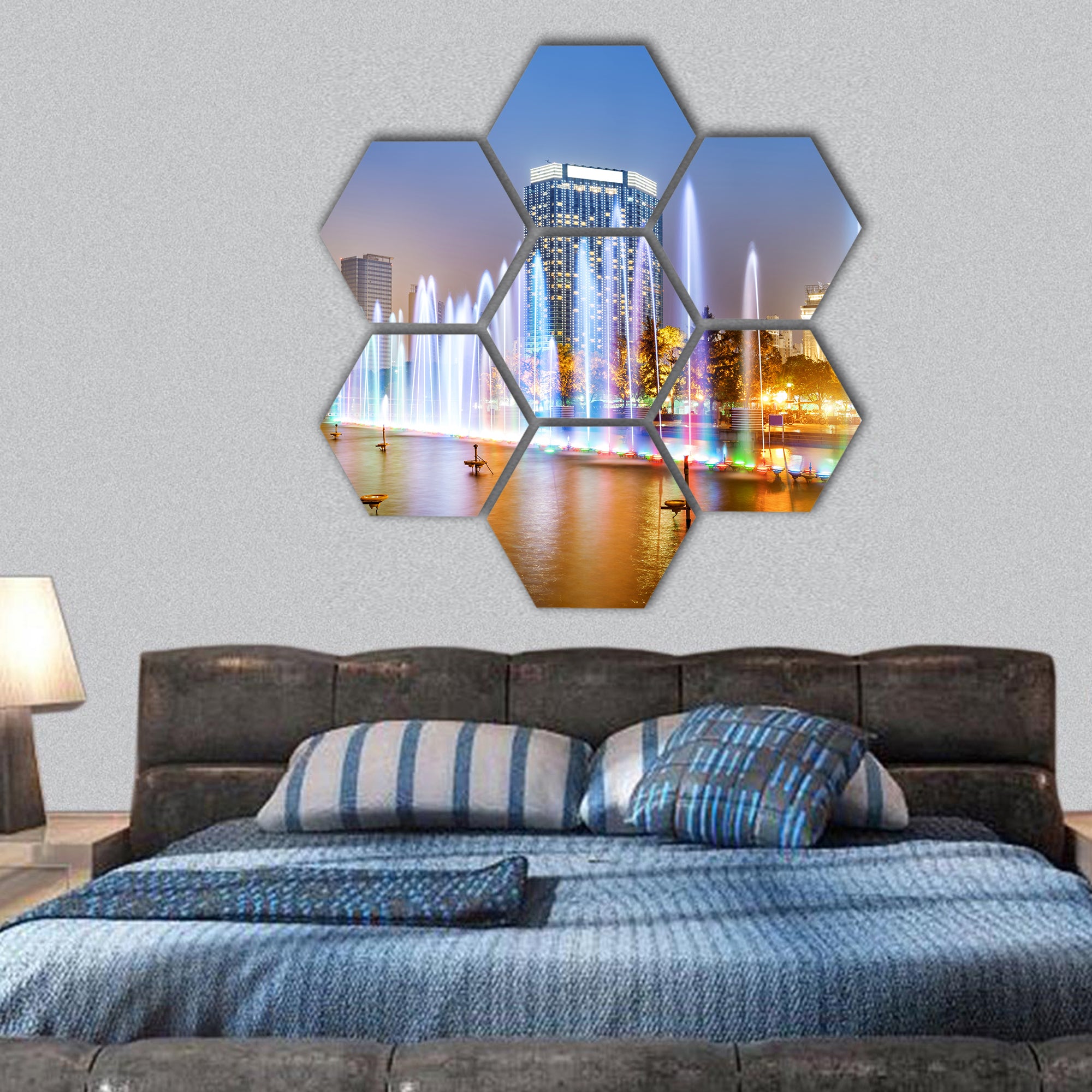 City Square music fountain hexagonal canvas wall art