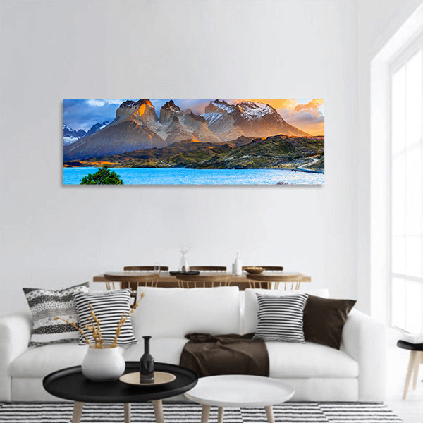 Torres Del Paine National Park, Sunrise at the Pehoe lake Panoramic canvas Wall Art
