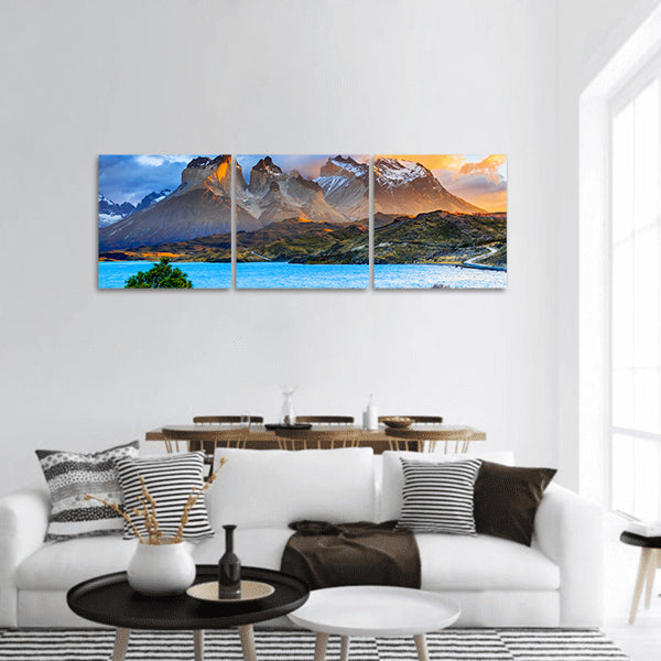 Torres Del Paine National Park, Sunrise at the Pehoe lake Panoramic canvas Wall Art