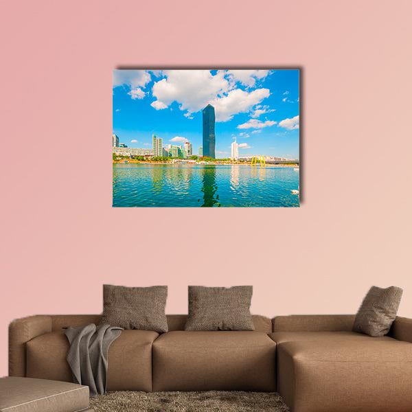 Cityscape with Danube River and skyscraper in Vienna multi panel canvas wall art