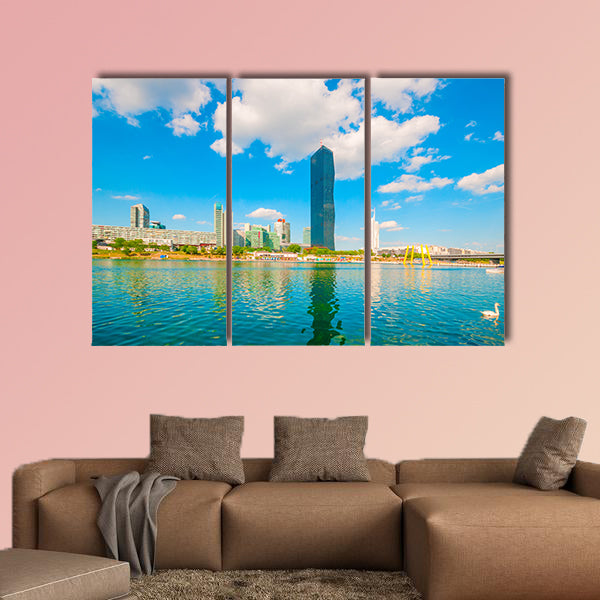 Cityscape with Danube River and skyscraper in Vienna multi panel canvas wall art