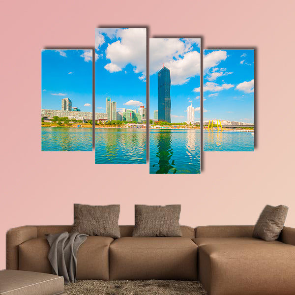 Cityscape with Danube River and skyscraper in Vienna multi panel canvas wall art